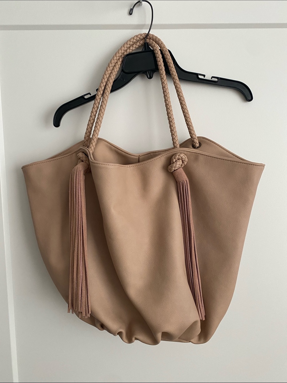 Anthropology Beige Tassel Tote Bag with Braided Handles